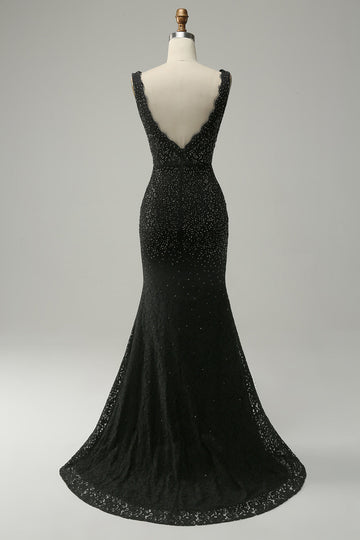 Mermaid Deep V Neck Black Lace Long Formal Dress with Beading